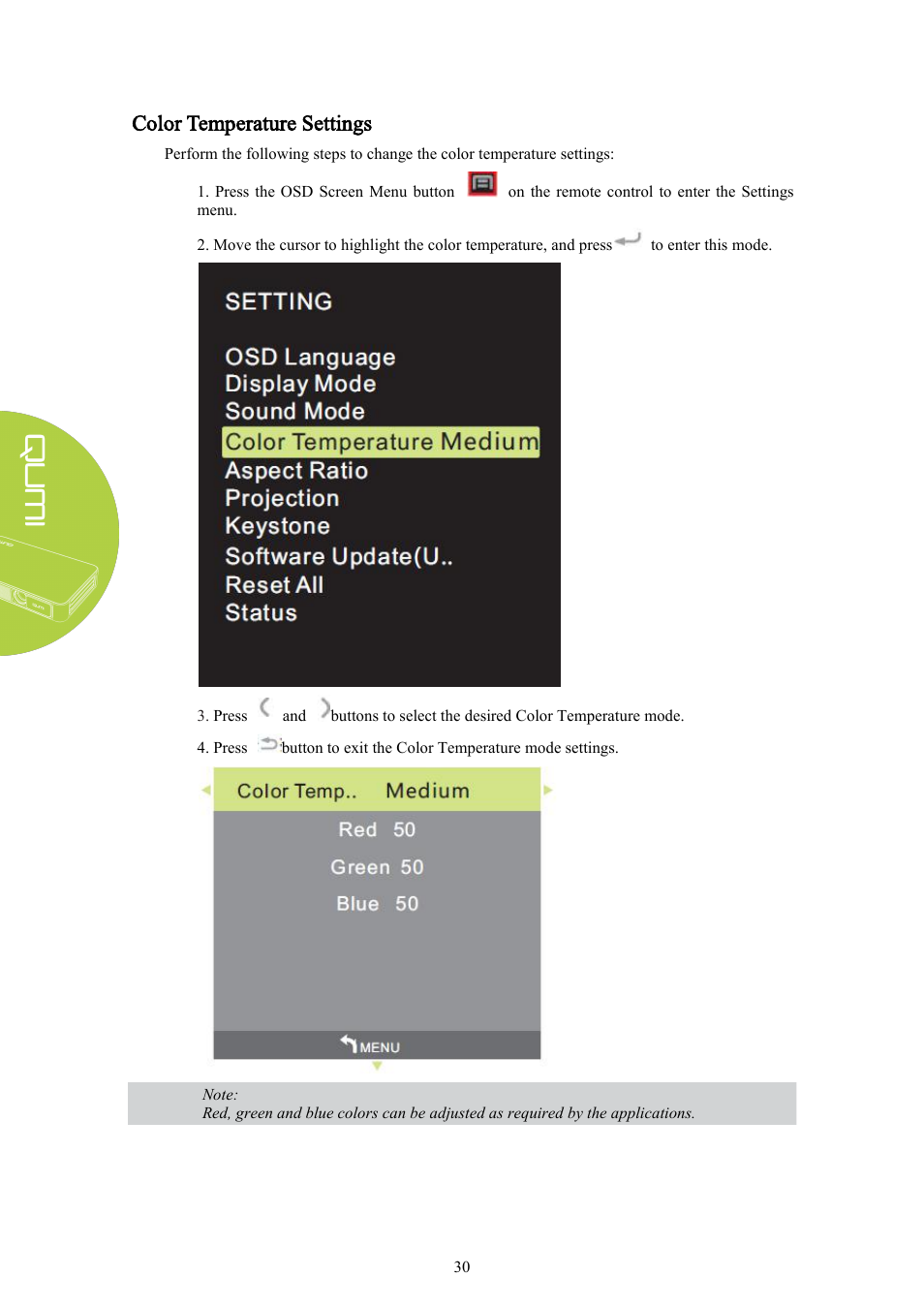 Color temperature settings | Vivitek Qumi Q3 Plus User Manual | Page 36 / 52