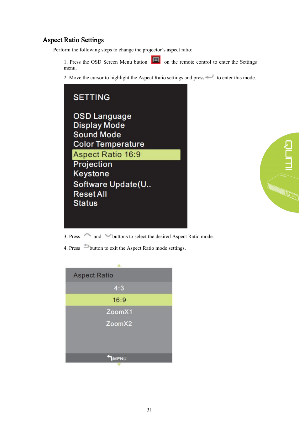 Aspect ratio settings | Vivitek Qumi Q3 Plus User Manual | Page 37 / 52