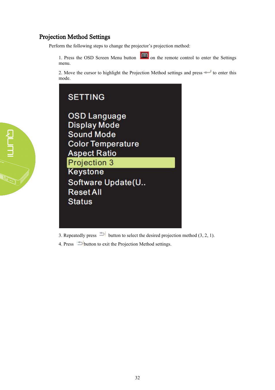 Projection method settings | Vivitek Qumi Q3 Plus User Manual | Page 38 / 52