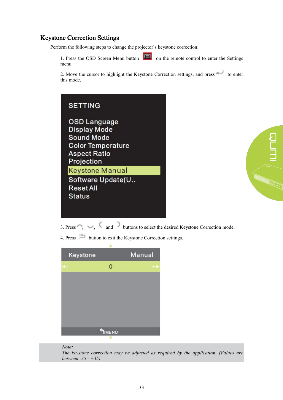 Keystone correction settings | Vivitek Qumi Q3 Plus User Manual | Page 39 / 52