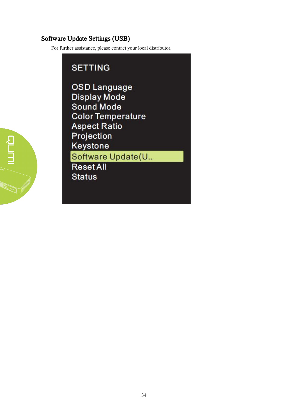 Software update settings (usb) | Vivitek Qumi Q3 Plus User Manual | Page 40 / 52