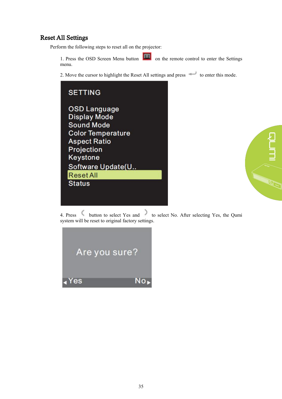 Reset all settings | Vivitek Qumi Q3 Plus User Manual | Page 41 / 52