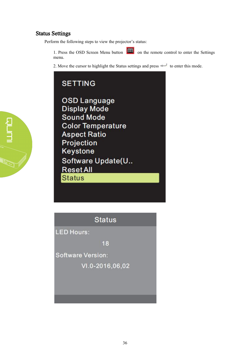 Status settings | Vivitek Qumi Q3 Plus User Manual | Page 42 / 52
