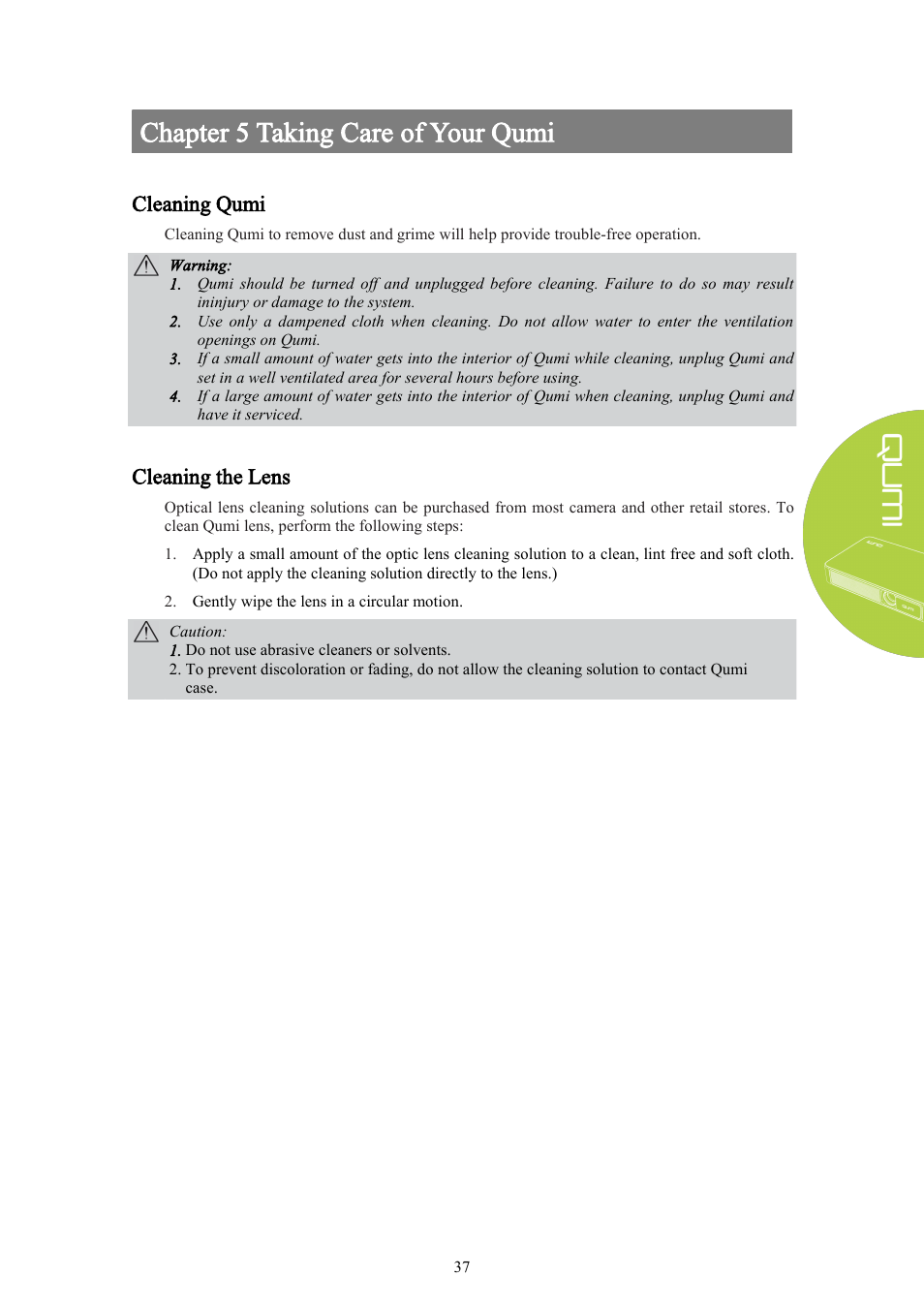 Chapter 5 taking care of your qumi, Cleaning qumi, Cleaning the lens | Vivitek Qumi Q3 Plus User Manual | Page 43 / 52
