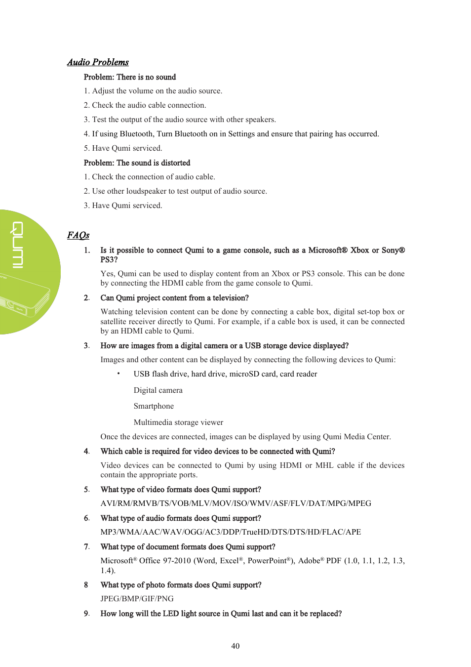 Audio problems, Faqs | Vivitek Qumi Q3 Plus User Manual | Page 46 / 52