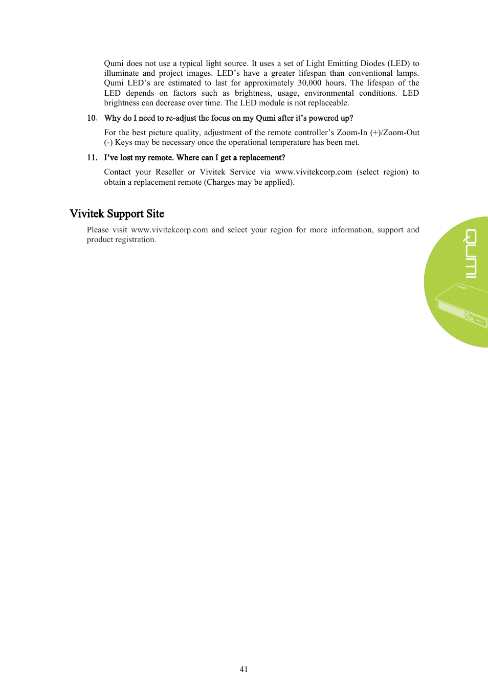 Vivitek support site | Vivitek Qumi Q3 Plus User Manual | Page 47 / 52