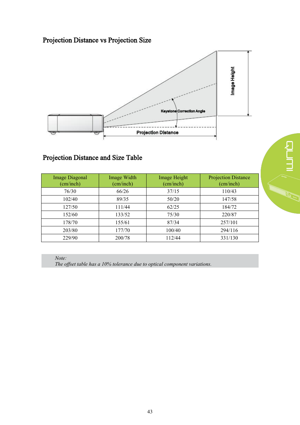 Projection distance vs projection size, Projection distance and size table | Vivitek Qumi Q3 Plus User Manual | Page 49 / 52