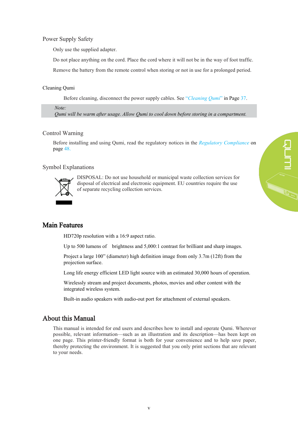 Main features, About this manual | Vivitek Qumi Q3 Plus User Manual | Page 5 / 52