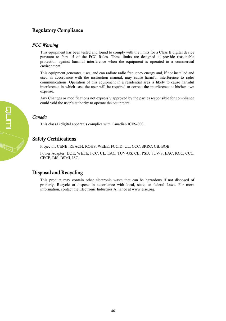 Regulatory compliance, Safety certifications, Disposal and recycling | Vivitek Qumi Q3 Plus User Manual | Page 52 / 52