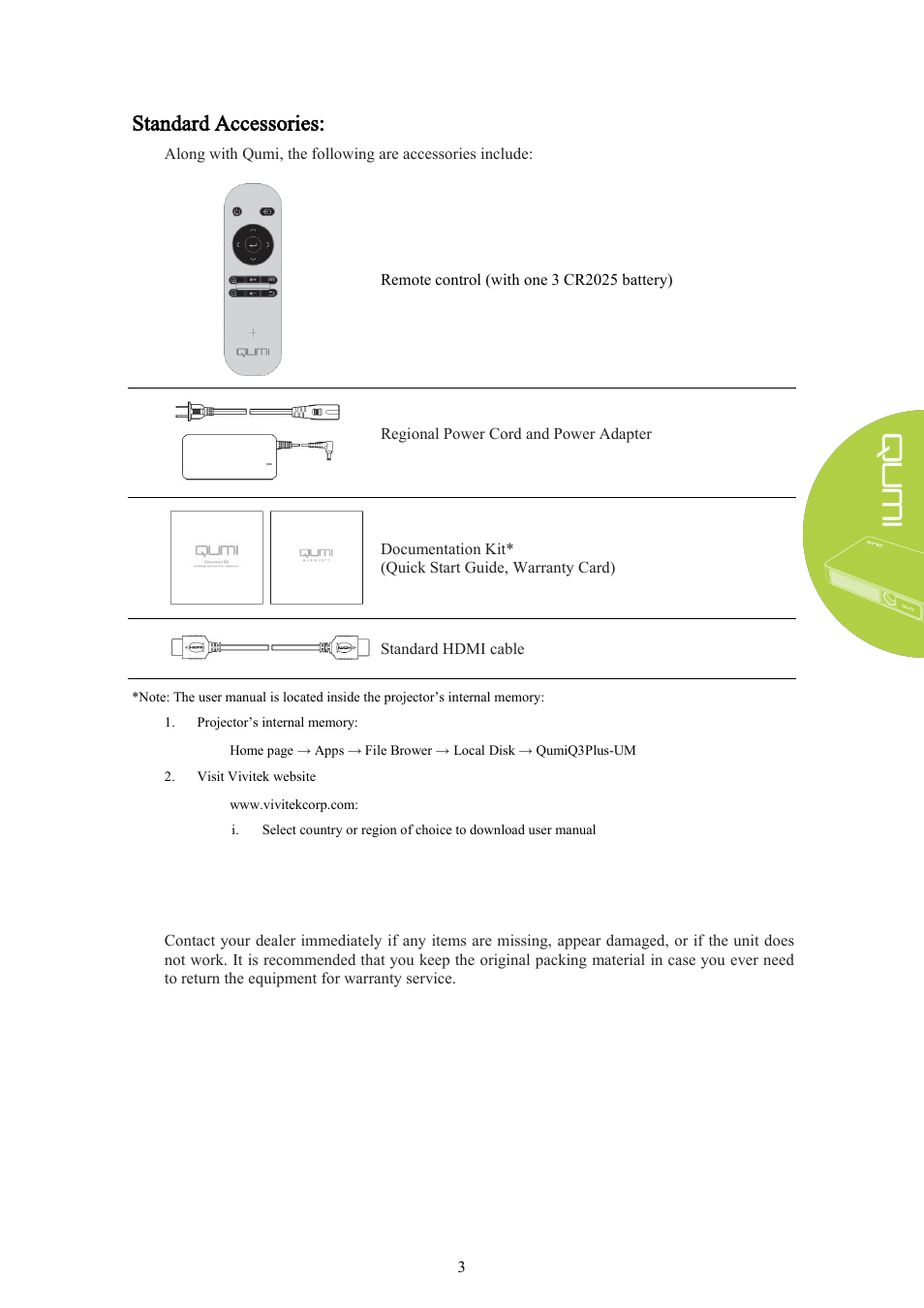 Standard accessories | Vivitek Qumi Q3 Plus User Manual | Page 9 / 52