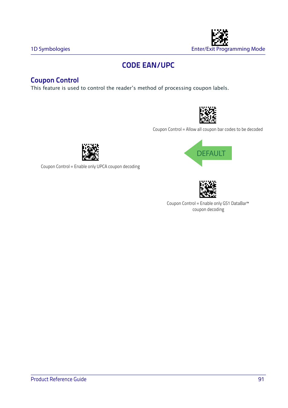 Code ean/upc, Coupon control, Default | Datalogic QuickScan I QD2400 User Manual | Page 101 / 324