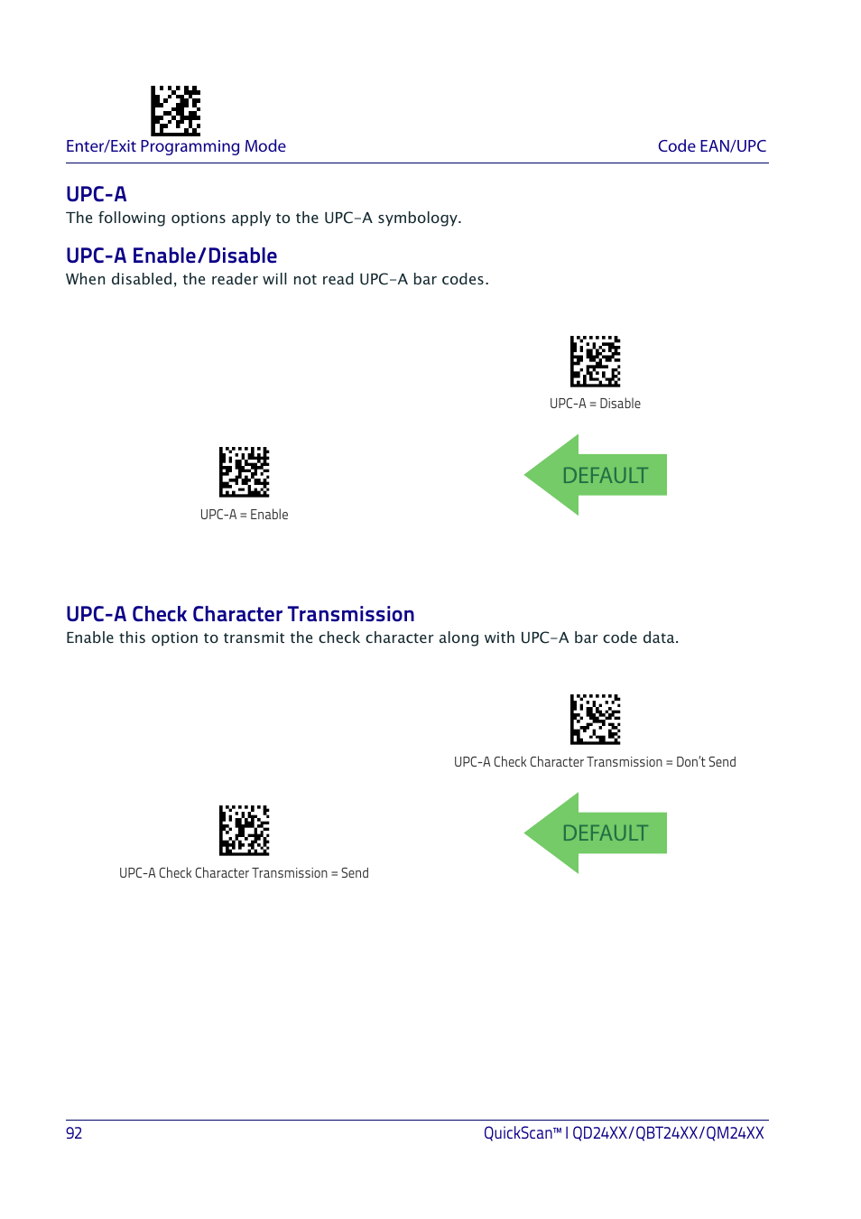 Upc-a, Upc-a enable/disable, Upc-a check character transmission | Default | Datalogic QuickScan I QD2400 User Manual | Page 102 / 324