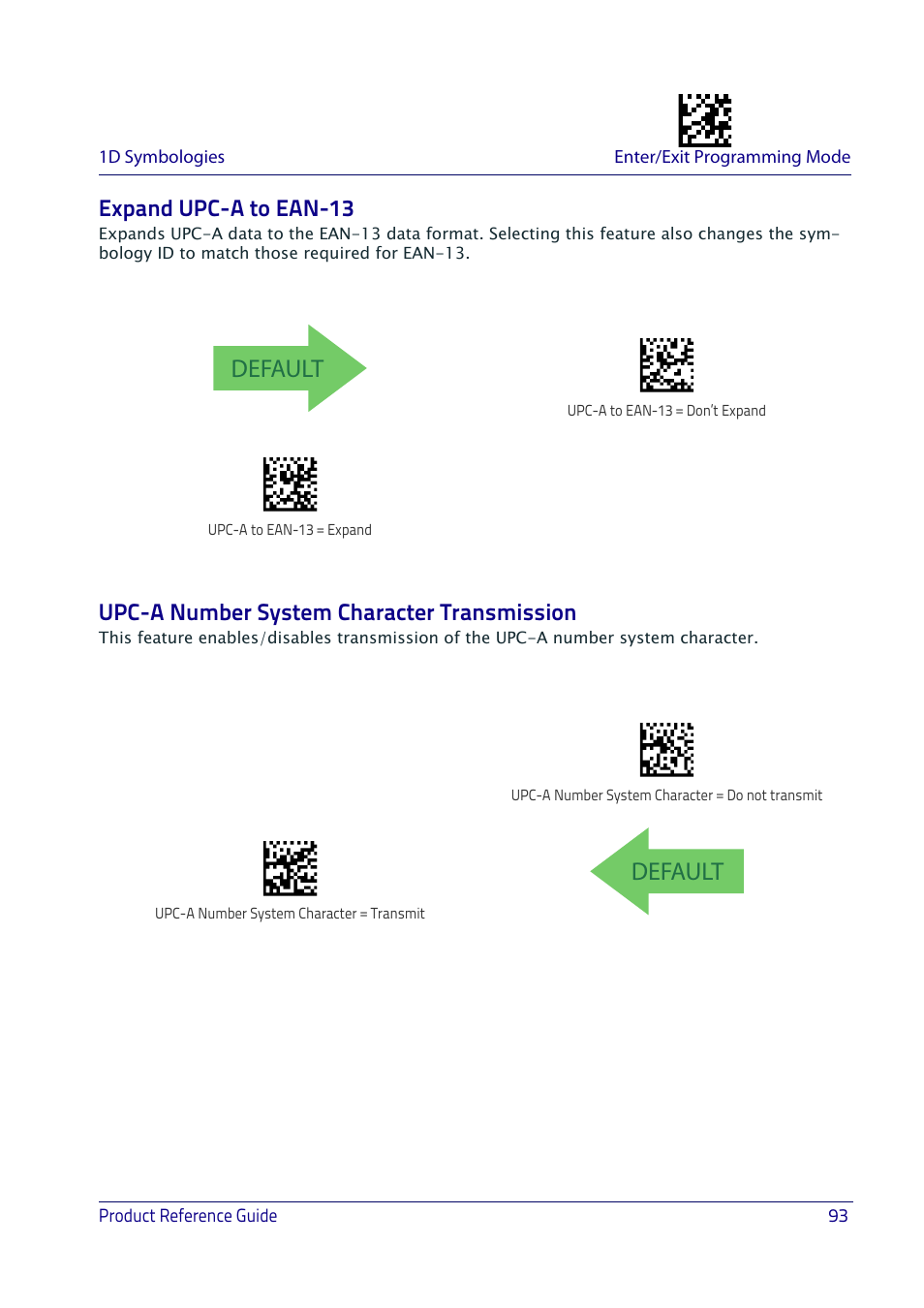 Expand upc-a to ean-13, Upc-a number system character transmission, Default | Datalogic QuickScan I QD2400 User Manual | Page 103 / 324