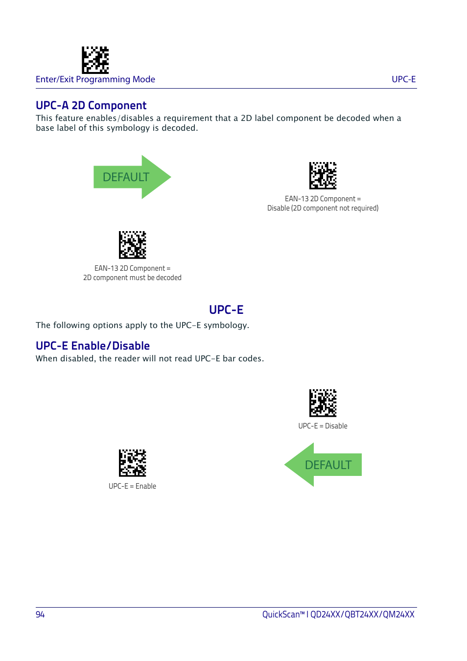 Upc-a 2d component, Upc-e, Upc-e enable/disable | Default | Datalogic QuickScan I QD2400 User Manual | Page 104 / 324