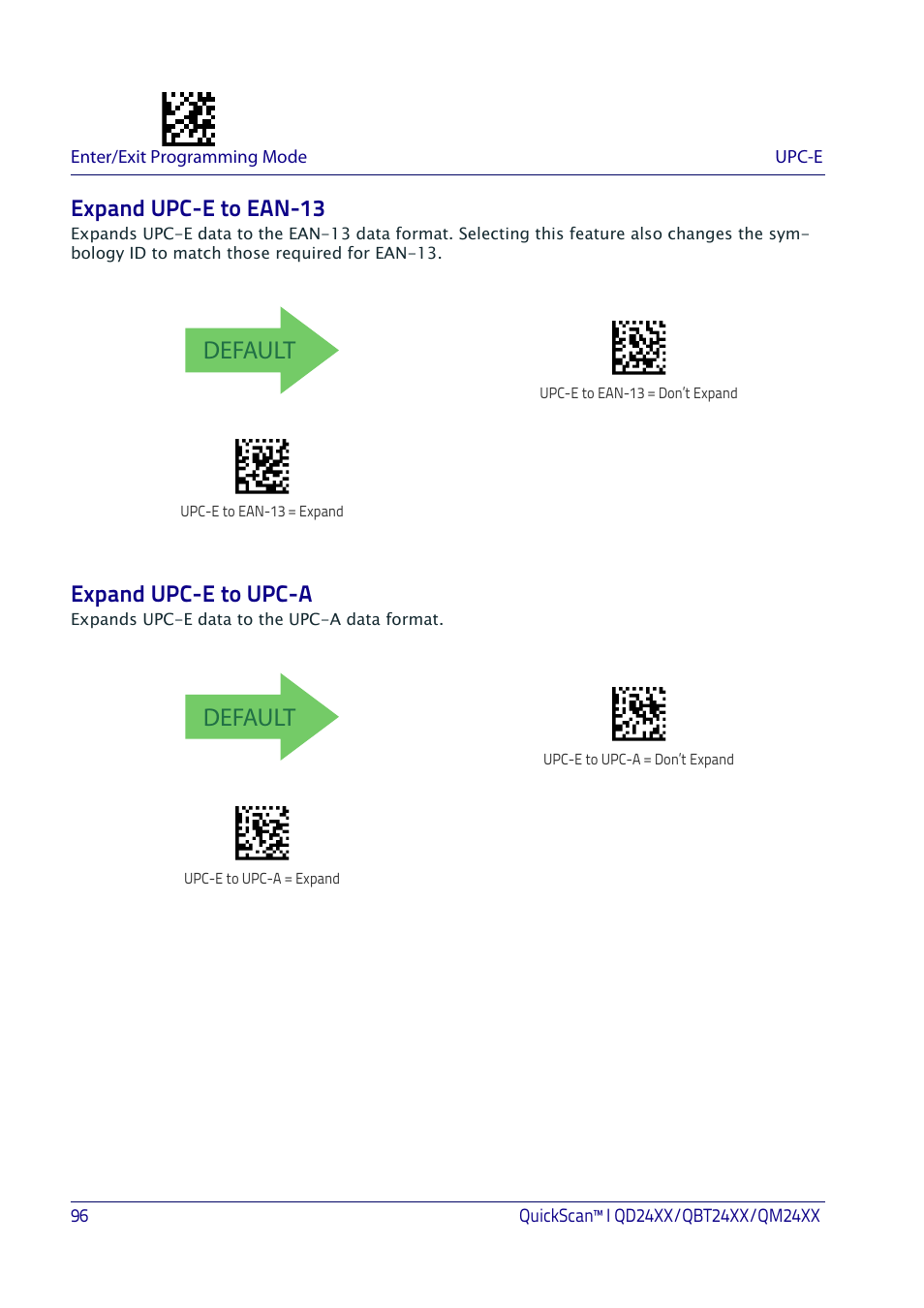 Expand upc-e to ean-13, Expand upc-e to upc-a, Expand upc-e to ean-13 expand upc-e to upc-a | Default | Datalogic QuickScan I QD2400 User Manual | Page 106 / 324