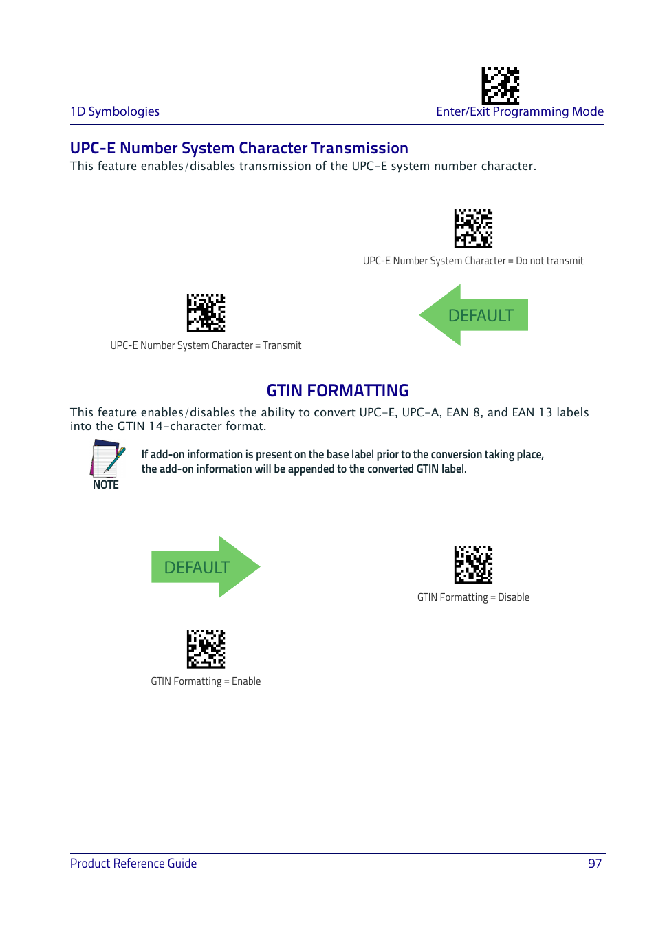 Upc-e number system character transmission, Gtin formatting, Default gtin formatting | Default | Datalogic QuickScan I QD2400 User Manual | Page 107 / 324