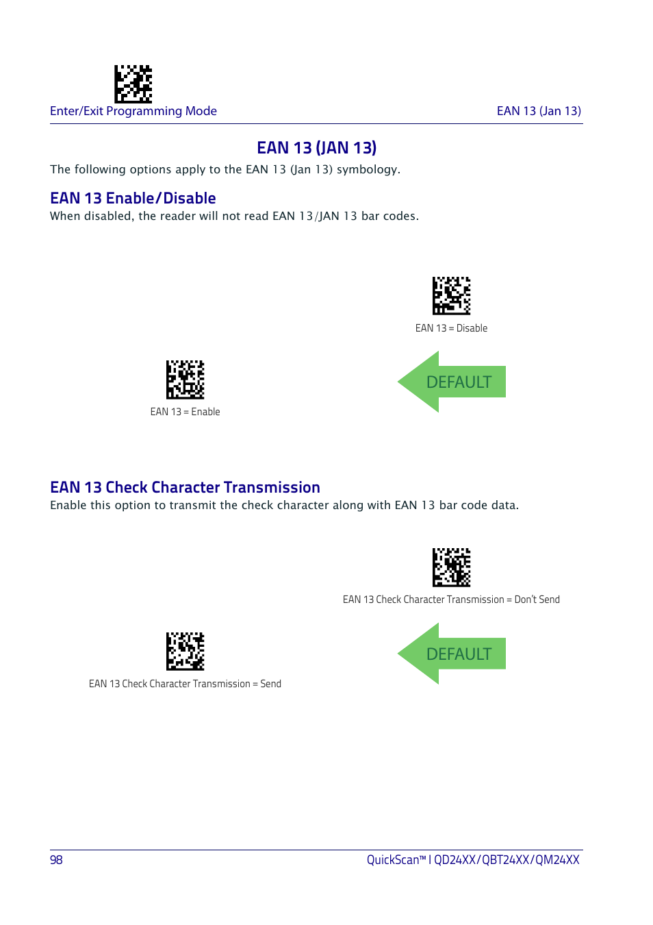 Ean 13 (jan 13), Ean 13 enable/disable, Ean 13 check character transmission | Default | Datalogic QuickScan I QD2400 User Manual | Page 108 / 324