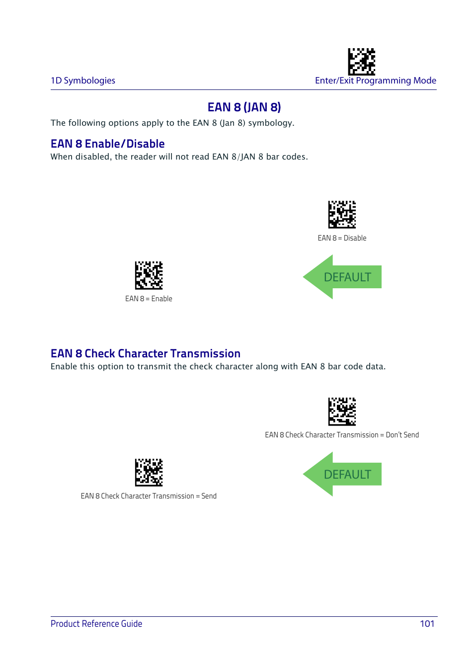 Ean 8 (jan 8), Ean 8 enable/disable, Ean 8 check character transmission | Default | Datalogic QuickScan I QD2400 User Manual | Page 111 / 324