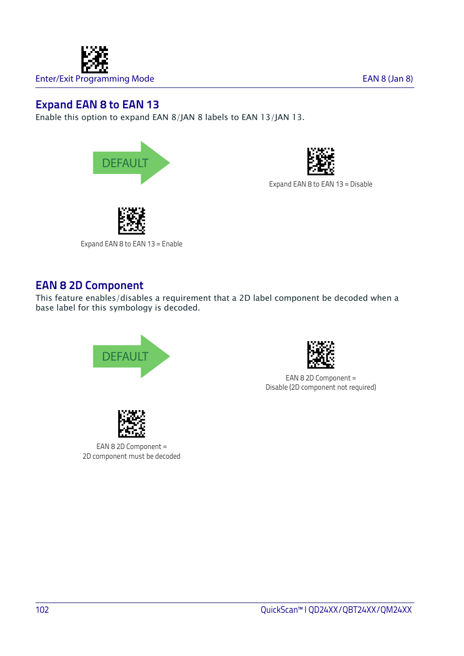 Expand ean 8 to ean 13, Ean 8 2d component, Expand ean 8 to ean 13 ean 8 2d component | Default | Datalogic QuickScan I QD2400 User Manual | Page 112 / 324