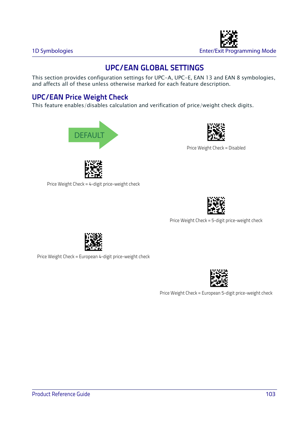 Upc/ean global settings, Upc/ean price weight check, Default | Datalogic QuickScan I QD2400 User Manual | Page 113 / 324