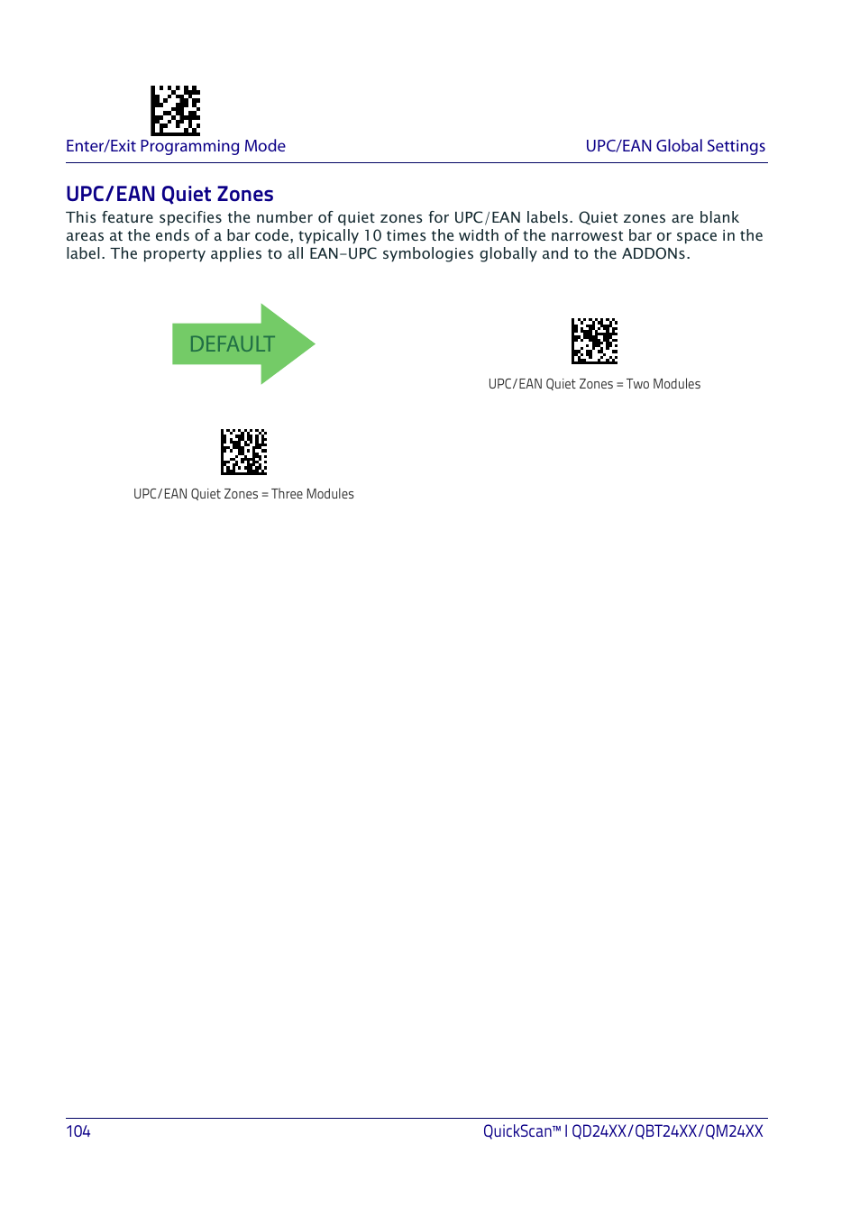 Upc/ean quiet zones, Default | Datalogic QuickScan I QD2400 User Manual | Page 114 / 324