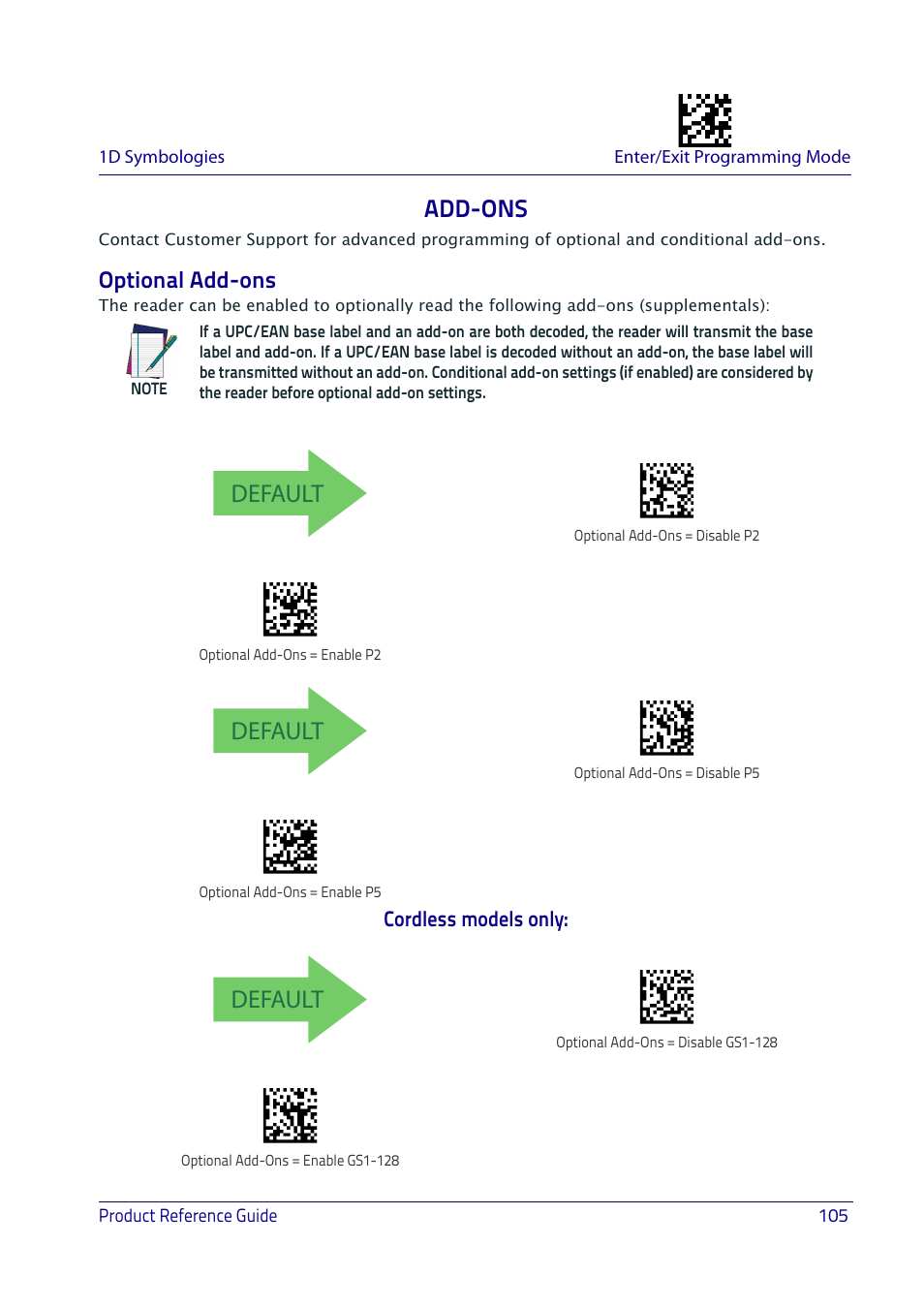 Add-ons, Optional add-ons, Default | Cordless models only | Datalogic QuickScan I QD2400 User Manual | Page 115 / 324