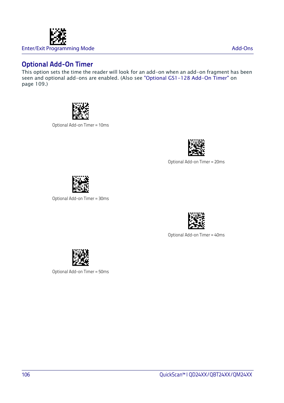 Optional add-on timer | Datalogic QuickScan I QD2400 User Manual | Page 116 / 324