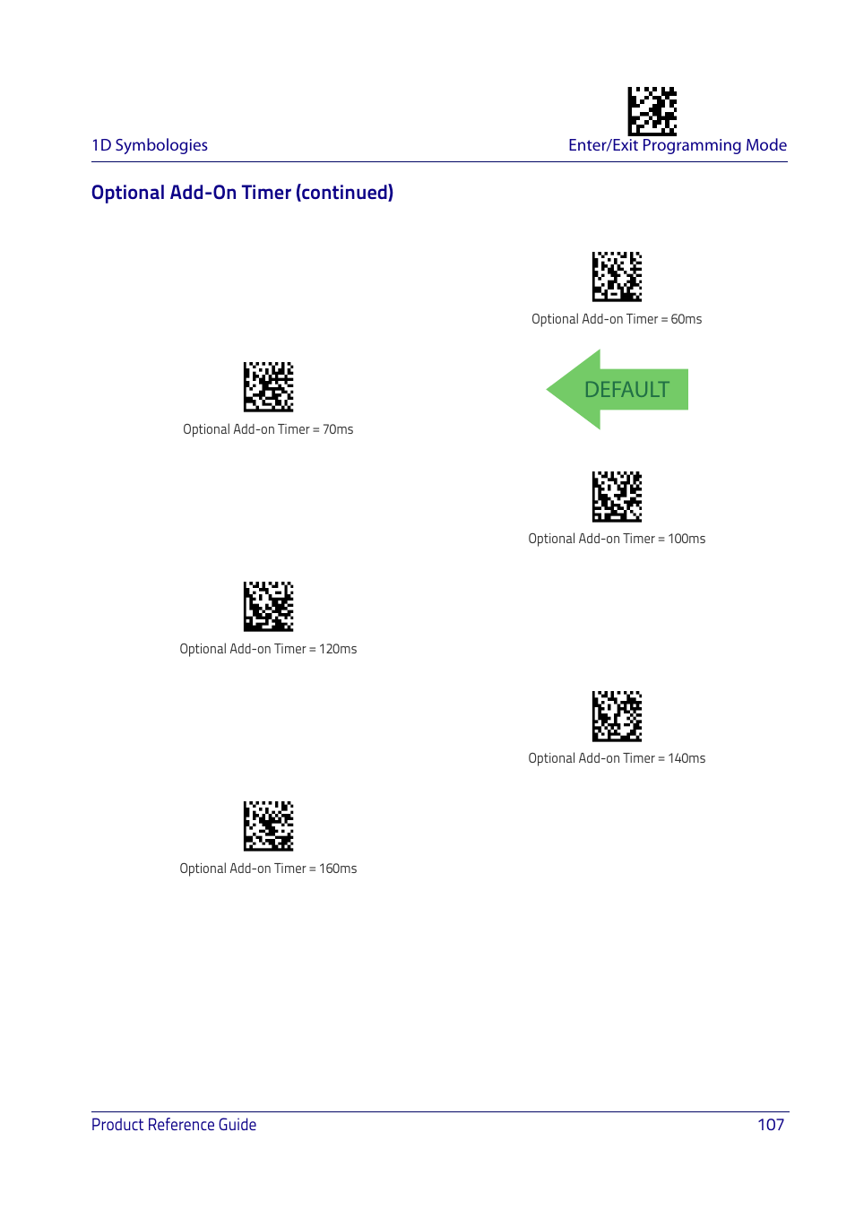 Default, Optional add-on timer (continued) | Datalogic QuickScan I QD2400 User Manual | Page 117 / 324