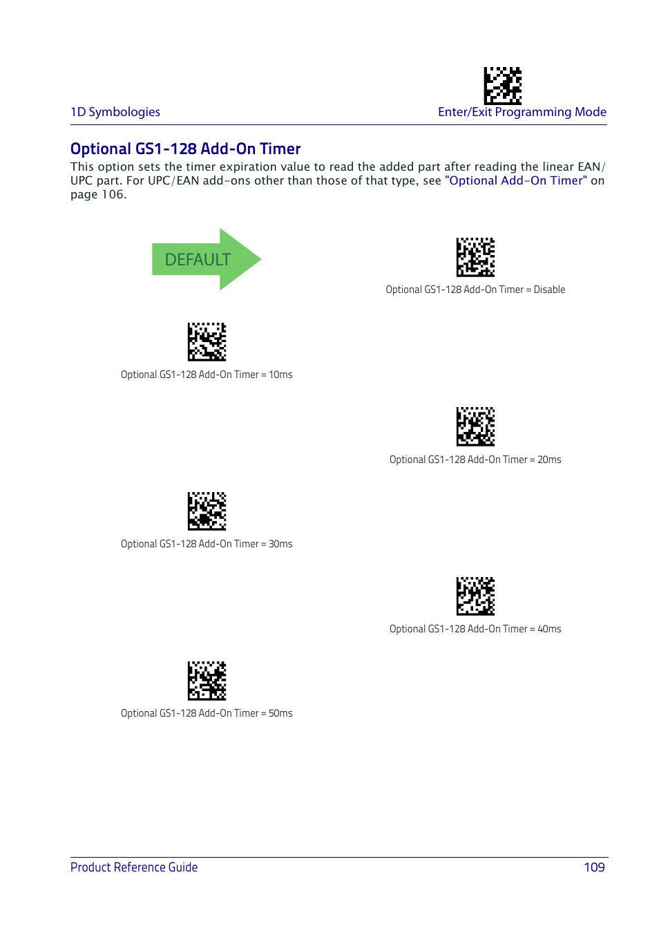 Optional gs1-128 add-on timer, Default | Datalogic QuickScan I QD2400 User Manual | Page 119 / 324