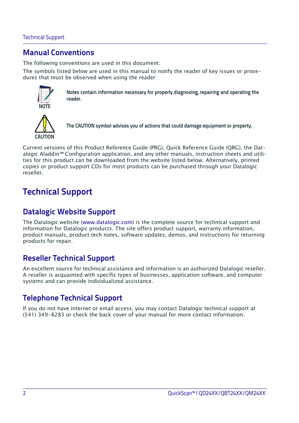 Manual conventions, Technical support, Datalogic website support | Reseller technical support, Telephone technical support | Datalogic QuickScan I QD2400 User Manual | Page 12 / 324