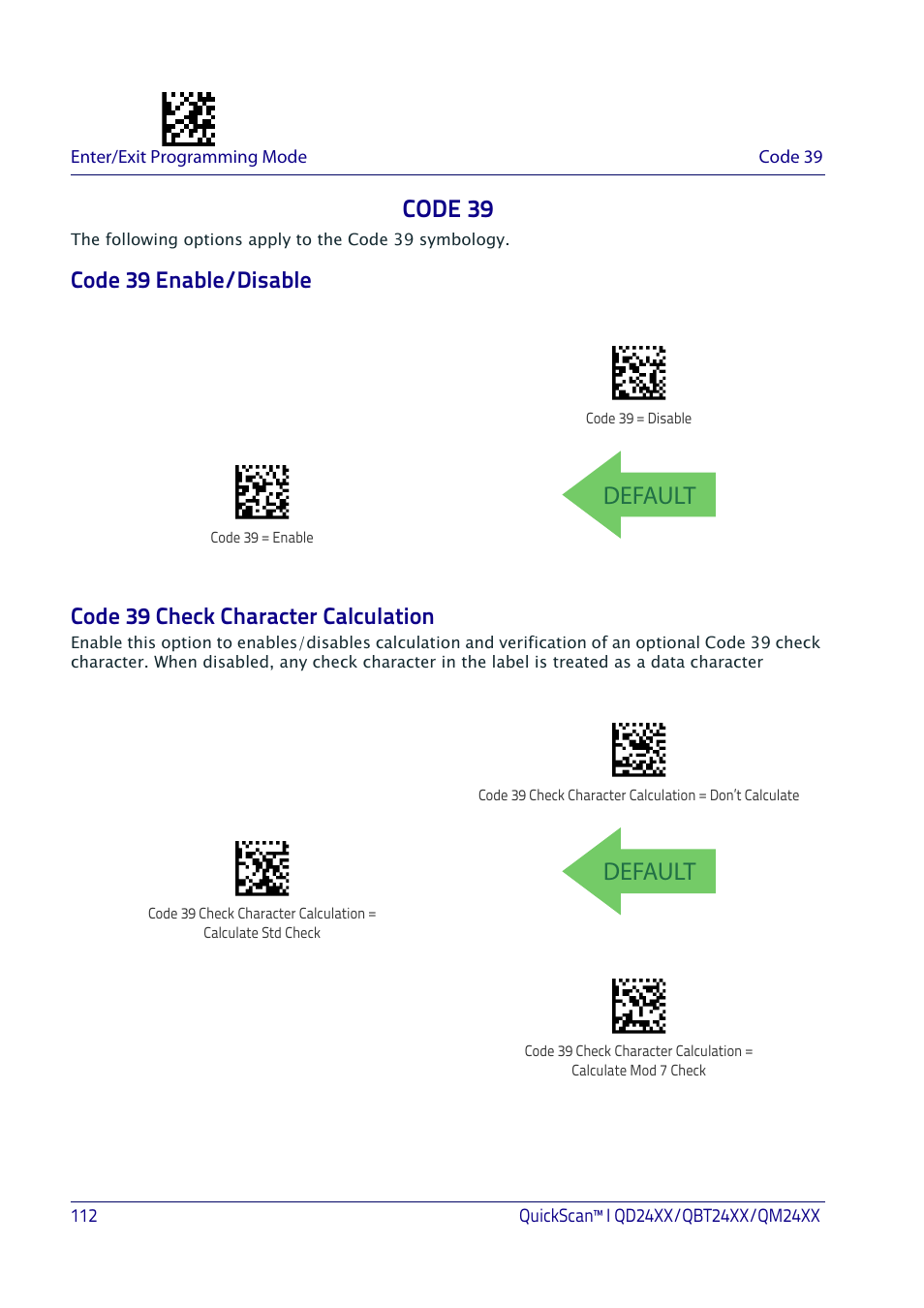 Code 39, Code 39 enable/disable, Code 39 check character calculation | Default | Datalogic QuickScan I QD2400 User Manual | Page 122 / 324