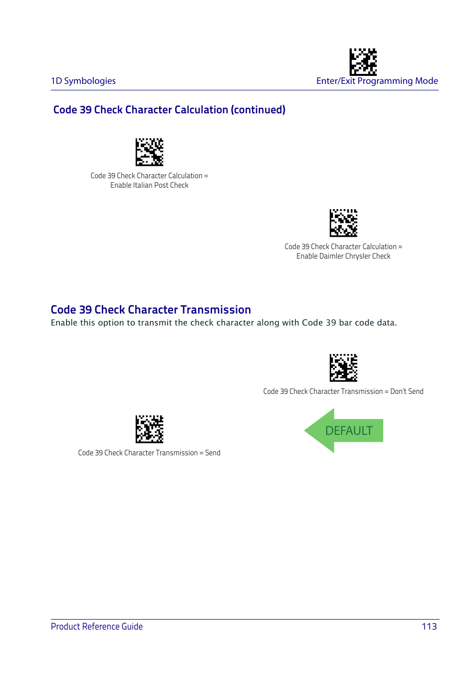 Code 39 check character transmission, Default, Code 39 check character calculation (continued) | Datalogic QuickScan I QD2400 User Manual | Page 123 / 324