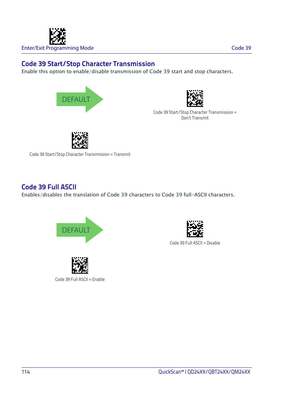 Code 39 start/stop character transmission, Code 39 full ascii, Default | Datalogic QuickScan I QD2400 User Manual | Page 124 / 324