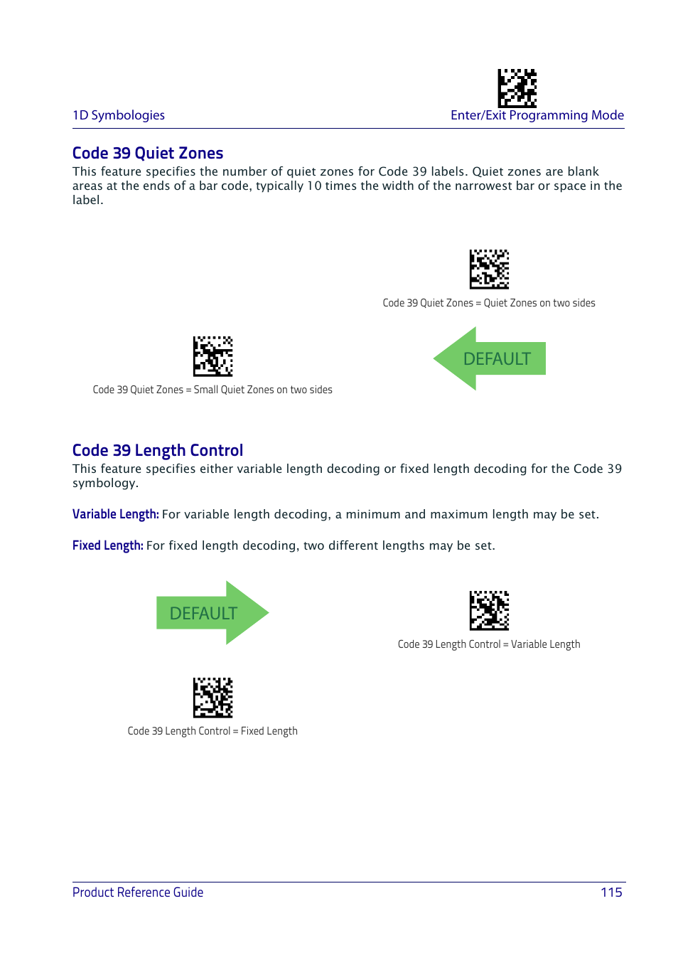 Code 39 quiet zones, Code 39 length control, Code 39 quiet zones code 39 length control | Default | Datalogic QuickScan I QD2400 User Manual | Page 125 / 324