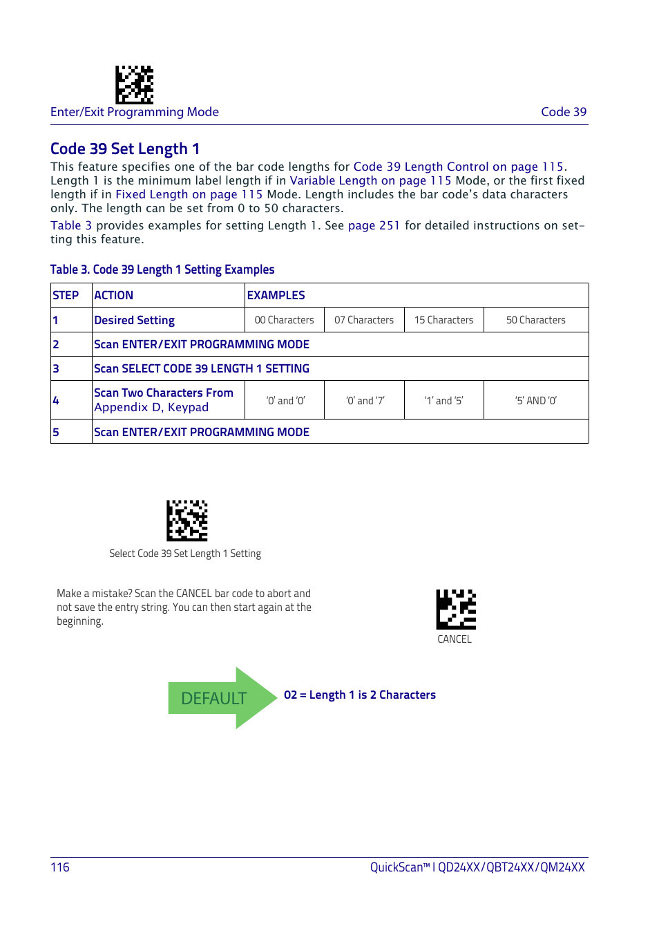 Code 39 set length 1, Default | Datalogic QuickScan I QD2400 User Manual | Page 126 / 324