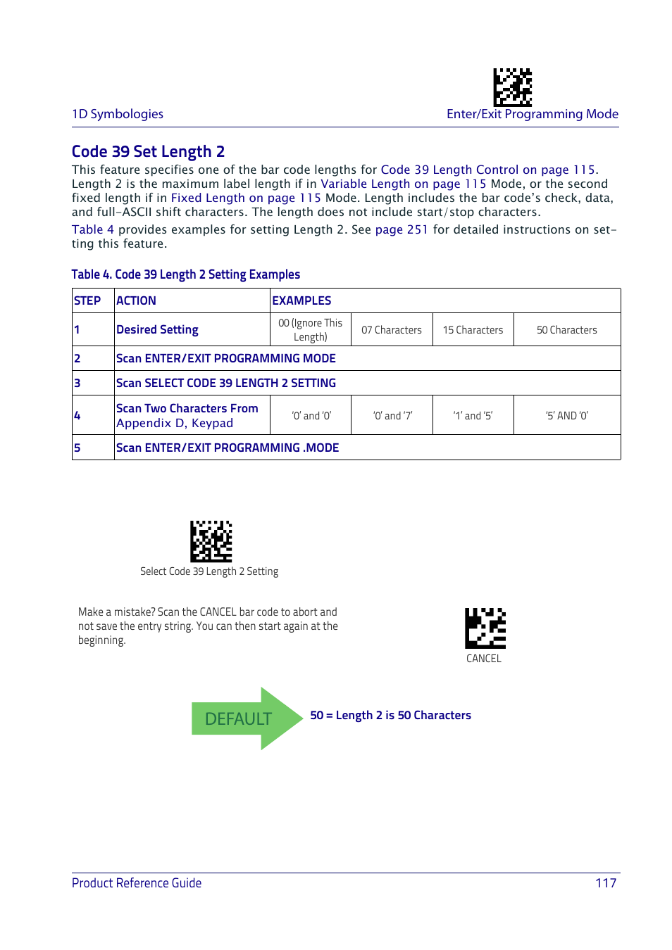 Code 39 set length 2, Default | Datalogic QuickScan I QD2400 User Manual | Page 127 / 324