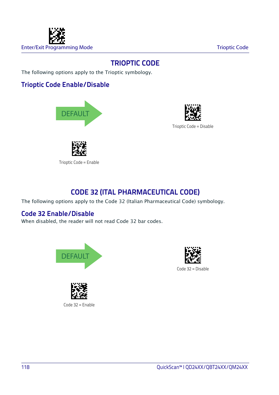 Trioptic code, Trioptic code enable/disable, Code 32 (ital pharmaceutical code) | Code 32 enable/disable, Default | Datalogic QuickScan I QD2400 User Manual | Page 128 / 324