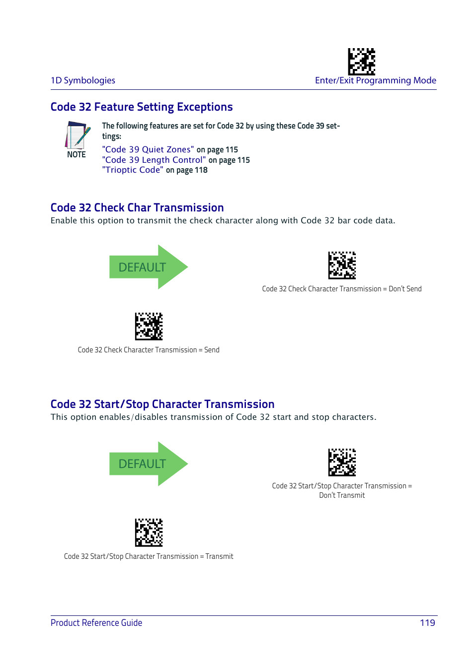 Code 32 feature setting exceptions, Code 32 check char transmission, Code 32 start/stop character transmission | Default | Datalogic QuickScan I QD2400 User Manual | Page 129 / 324