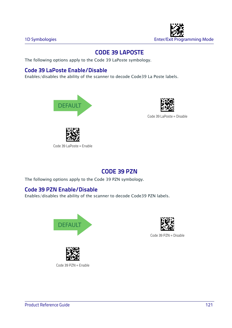 Code 39 laposte, Code 39 laposte enable/disable, Code 39 pzn | Code 39 pzn enable/disable, Default | Datalogic QuickScan I QD2400 User Manual | Page 131 / 324