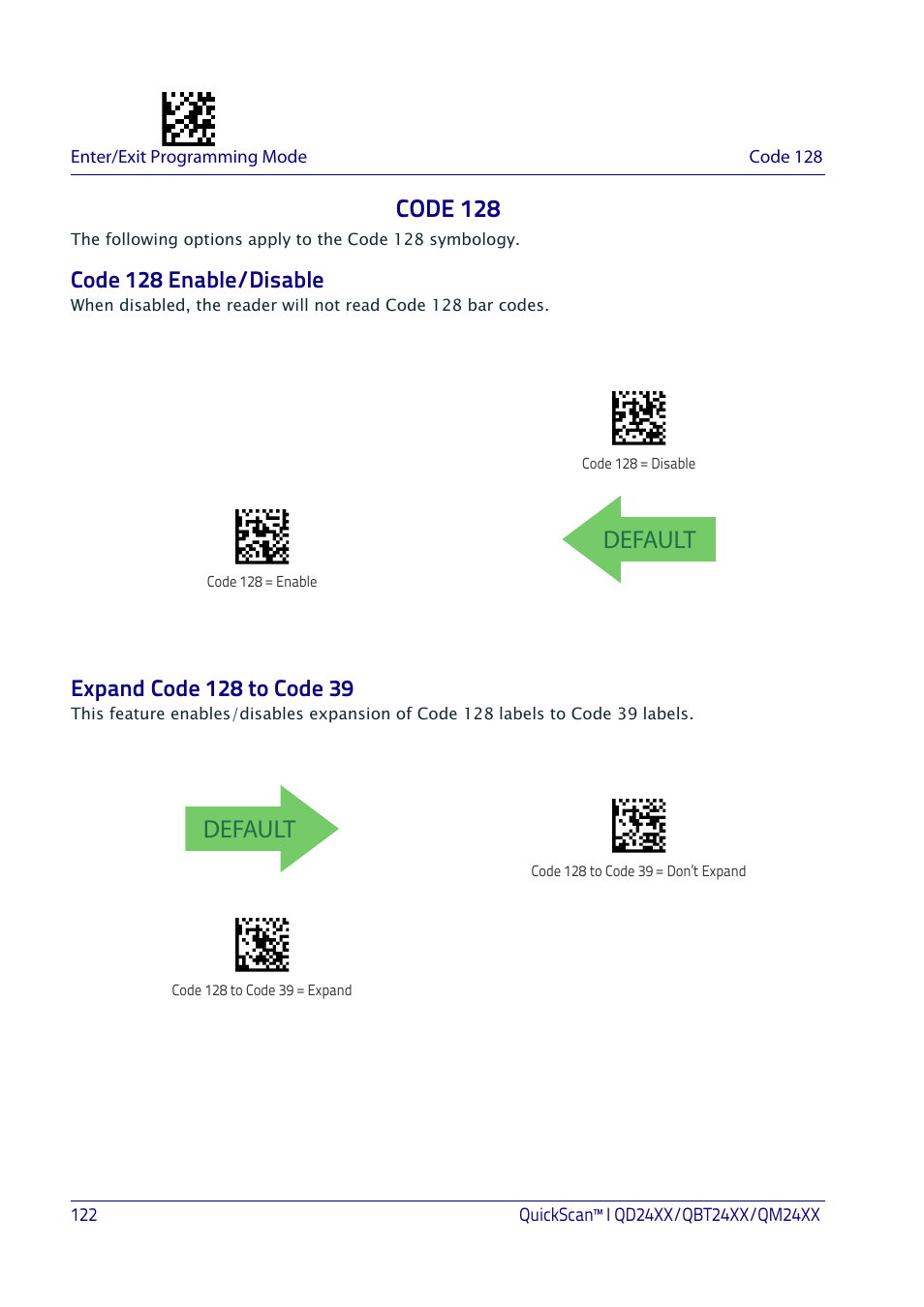 Code 128, Code 128 enable/disable, Expand code 128 to code 39 | Code 128 enable/disable expand code 128 to code 39, Default | Datalogic QuickScan I QD2400 User Manual | Page 132 / 324