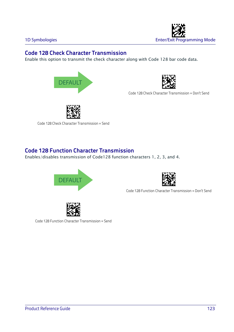 Code 128 check character transmission, Code 128 function character transmission, Default | Datalogic QuickScan I QD2400 User Manual | Page 133 / 324