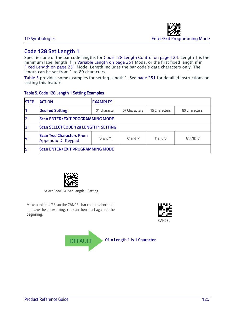 Code 128 set length 1, Default | Datalogic QuickScan I QD2400 User Manual | Page 135 / 324