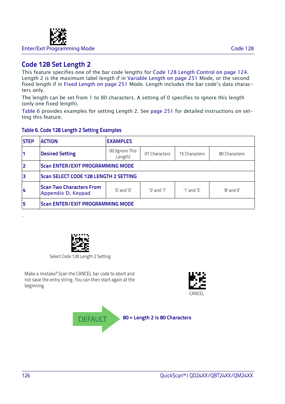 Code 128 set length 2, Default | Datalogic QuickScan I QD2400 User Manual | Page 136 / 324