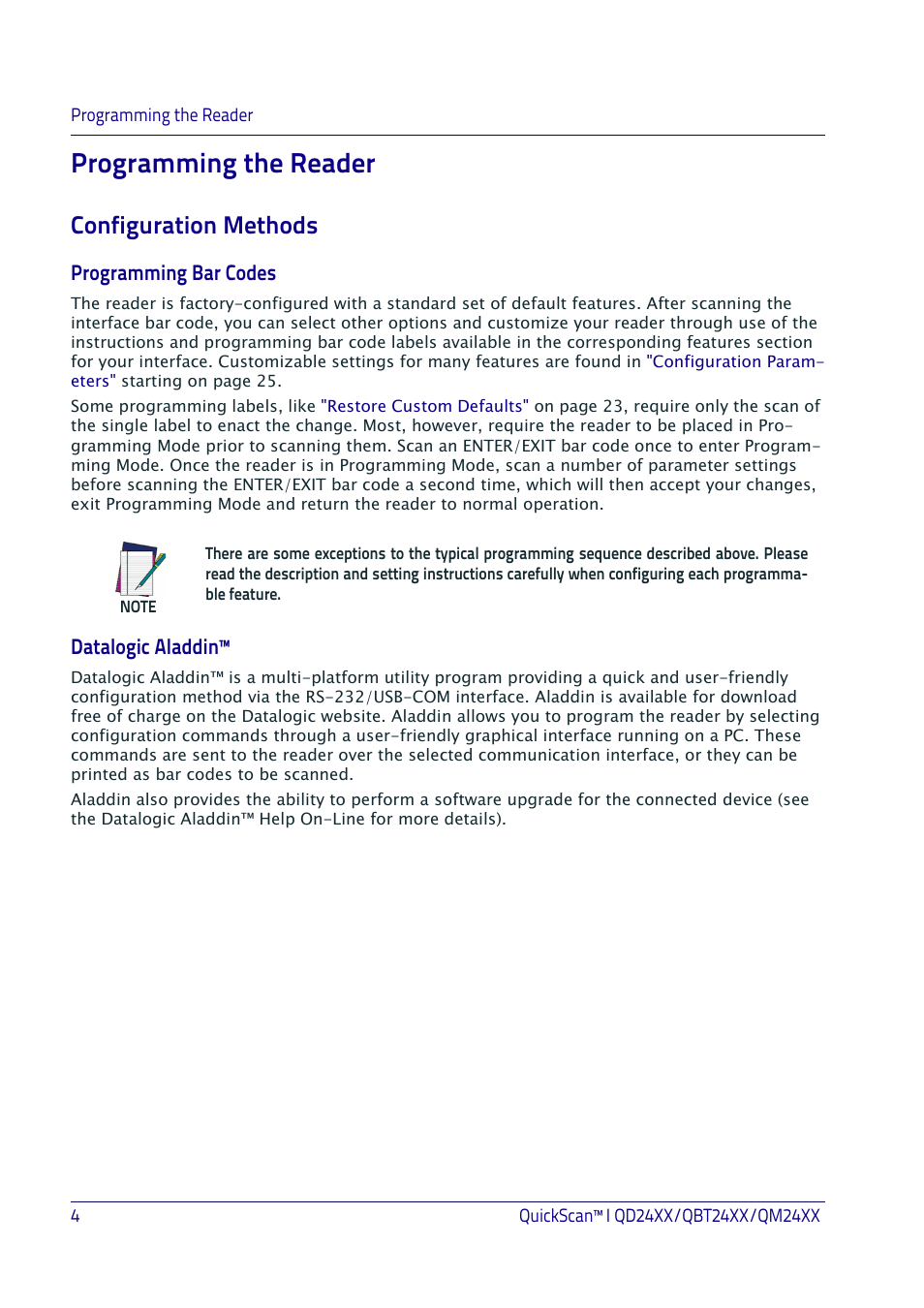 Programming the reader, Configuration methods, Programming bar codes | Datalogic aladdin | Datalogic QuickScan I QD2400 User Manual | Page 14 / 324