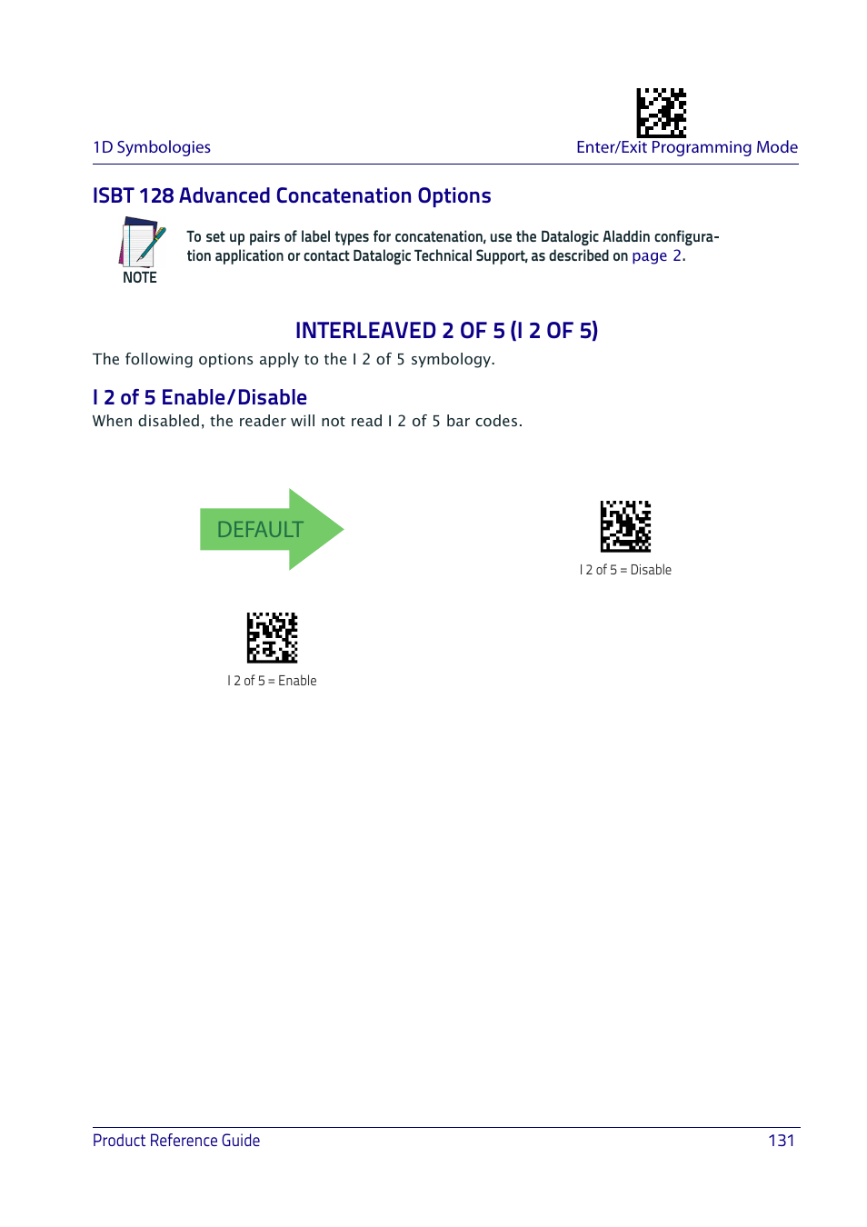 Isbt 128 advanced concatenation options, Interleaved 2 of 5 (i 2 of 5), I 2 of 5 enable/disable | Default | Datalogic QuickScan I QD2400 User Manual | Page 141 / 324