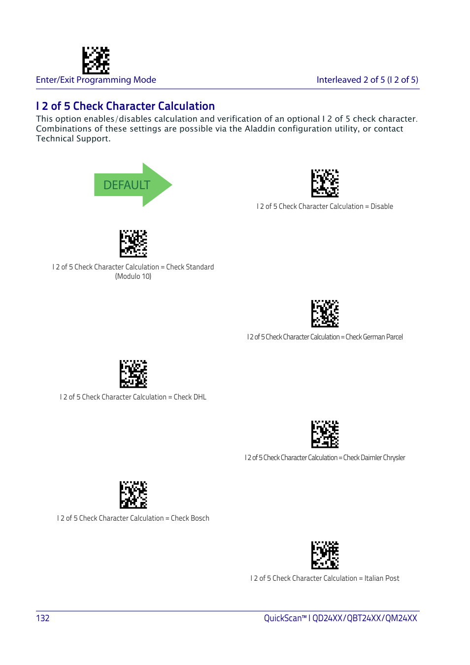 I 2 of 5 check character calculation, Default | Datalogic QuickScan I QD2400 User Manual | Page 142 / 324