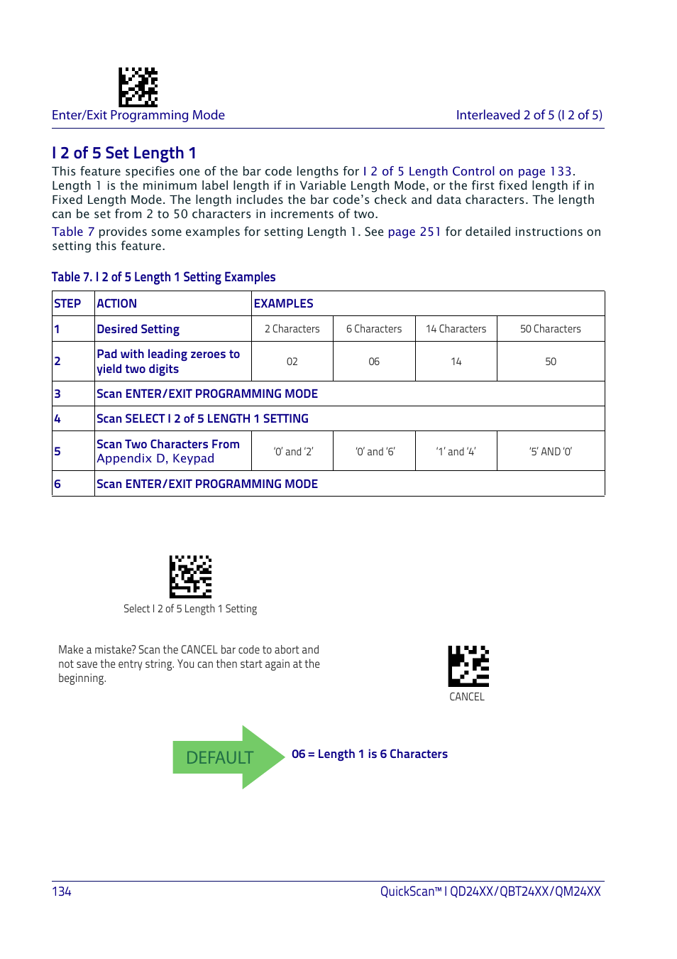 I 2 of 5 set length 1, Default | Datalogic QuickScan I QD2400 User Manual | Page 144 / 324