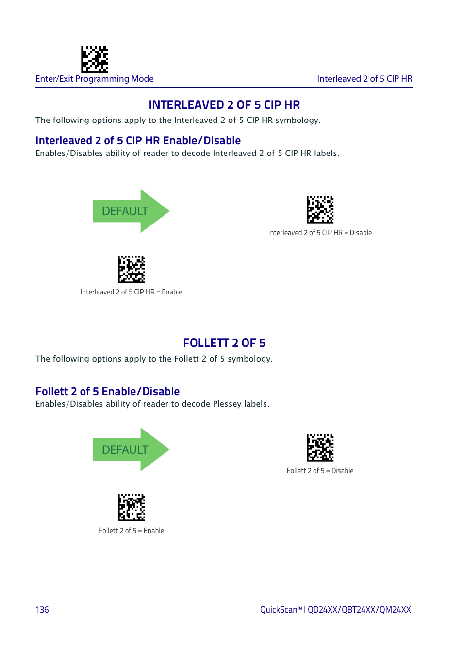 Interleaved 2 of 5 cip hr, Interleaved 2 of 5 cip hr enable/disable, Follett 2 of 5 | Follett 2 of 5 enable/disable, Default | Datalogic QuickScan I QD2400 User Manual | Page 146 / 324