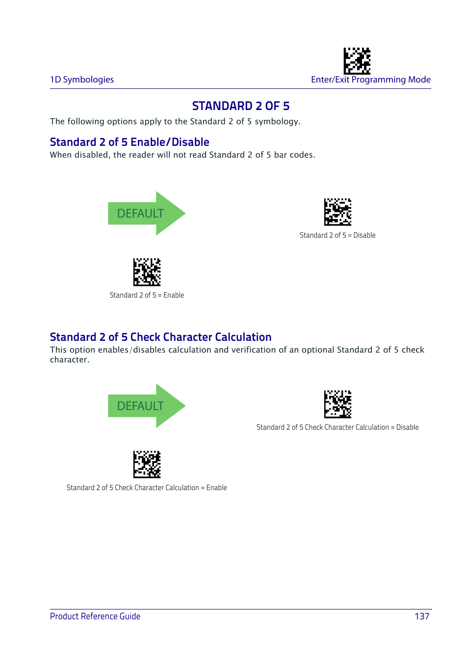 Standard 2 of 5, Standard 2 of 5 enable/disable, Standard 2 of 5 check character calculation | Default | Datalogic QuickScan I QD2400 User Manual | Page 147 / 324