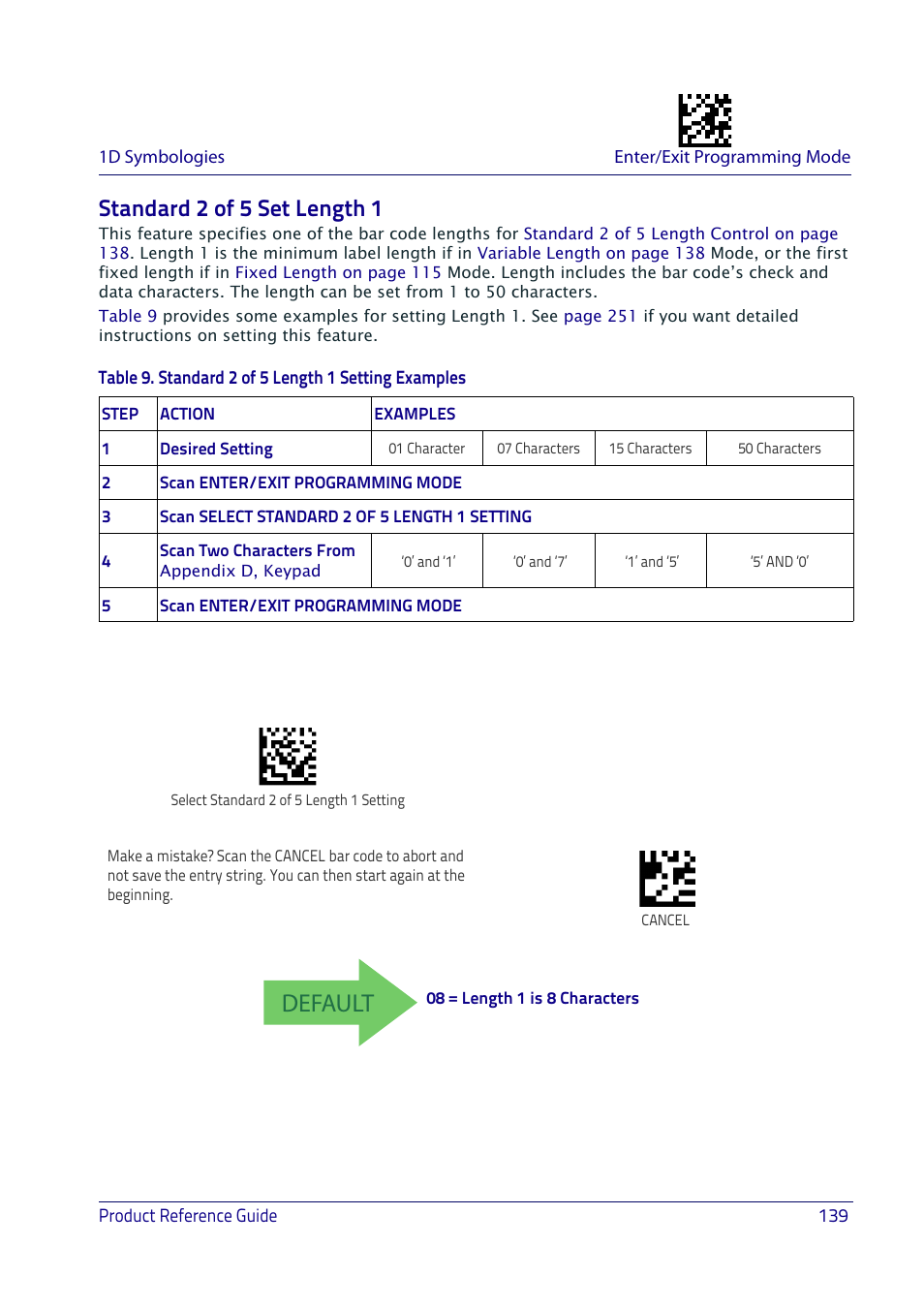 Standard 2 of 5 set length 1, Default | Datalogic QuickScan I QD2400 User Manual | Page 149 / 324